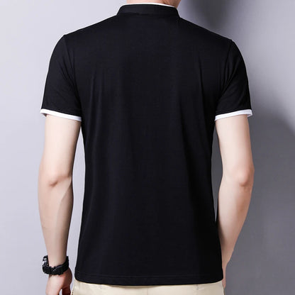 2025 New Men's Casual and Fashionable Solid Color Short Sleeved Stand Up Collar T-shirt Summer Versatile and Comfortable Top