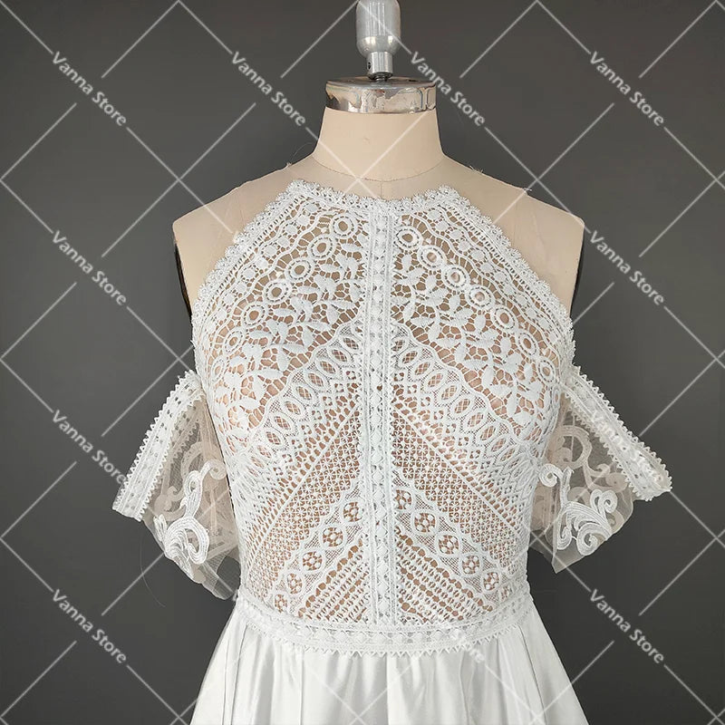 White Bridesmaid Dresses: Bohemian Cutout Lace Halter Wedding Dress A Line