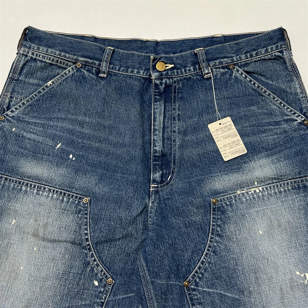 Black Nice Washed Damaged Saint DOUBLE KNEE Zipper Denim Shorts Men Women Oversized Shorts