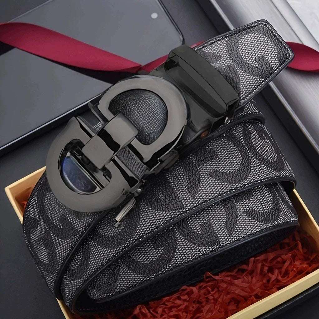 Men's Sleek Automatic Buckle Belt - Genuine FauxwithTextured Square Pattern, Black, Simple & Stylish DesignforCasual Attire