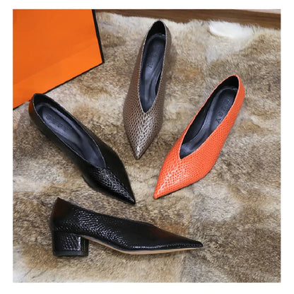 New 2023 Spring Chunky Short Heel Pumps European and American Genuine Leather Ladies Shoes Pointed Toe Party Shoes For Women