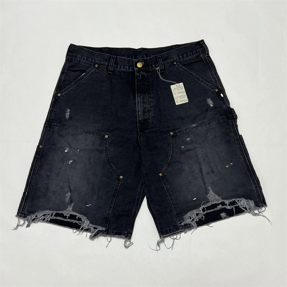 Black Nice Washed Damaged Saint DOUBLE KNEE Zipper Denim Shorts Men Women Oversized Shorts