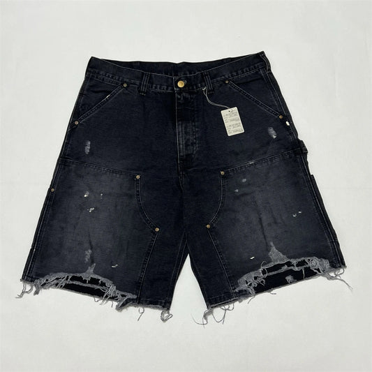 Black Nice Washed Damaged Saint DOUBLE KNEE Zipper Denim Shorts Men Women Oversized Shorts