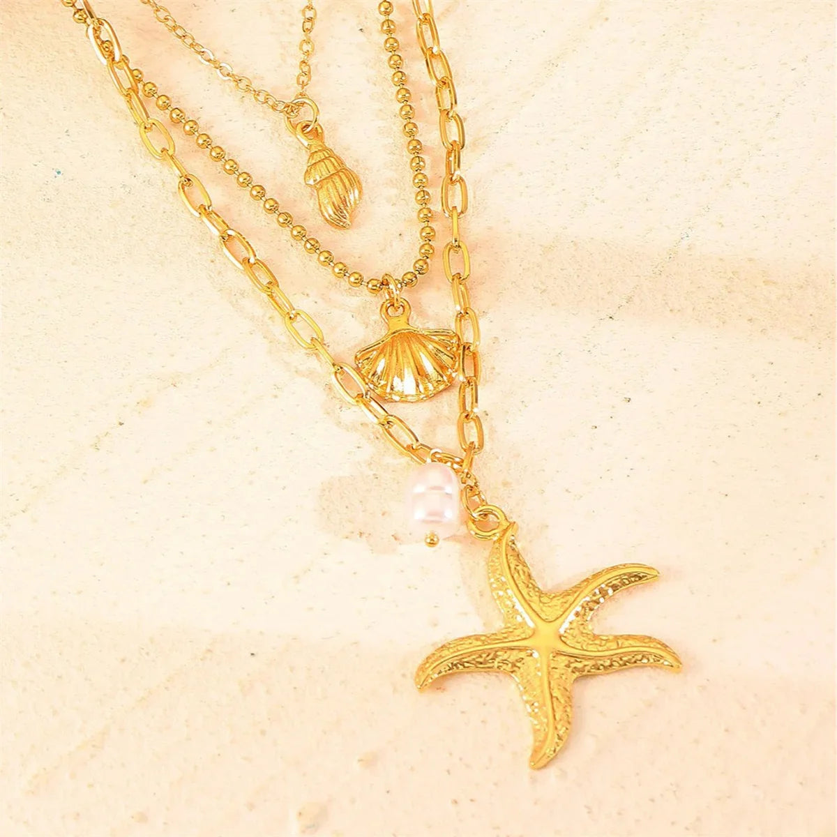 Women's 316L Stainless Steel Starfish Conch Shell Pearl Pendant Necklace 3-in-1 Choker Chain Jewelry Gift