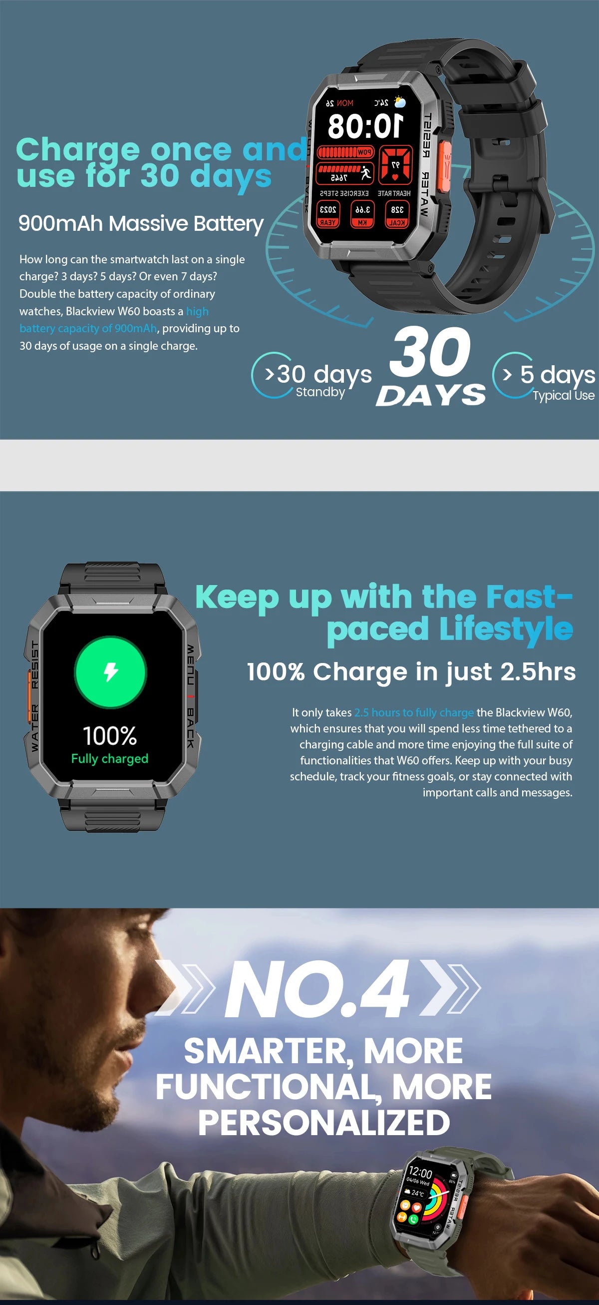 Blackview W60 Smartwatch 2.01'' HD Display TFT Rugged Smart Watch for Outdoor With Emergency Lighting Bluetooth Calling