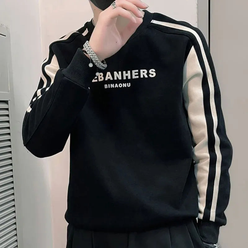 Autumn Winter Korean Spliced Pullovers Fashion Letter Printed Men's Clothing Long Sleeve
