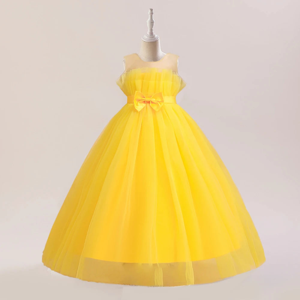 Summer Tulle Bridesmaids Pink Party Dresses for Girls Elegant Bow Princess Wedding Girls Dress First Communion Wedding Prom Gown