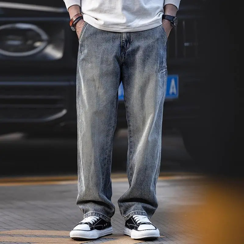 Trousers Straight Man Cowboy Pants with Pockets Men's Jeans Wide Leg Plus Size