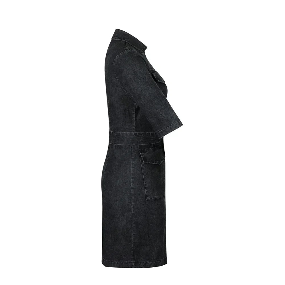 Women Denim mini Dresses Zipper Solid Color Dress Turn Down Collar Belt Streetwear Pockets Short Sleeve Slim Fit Sexy summer