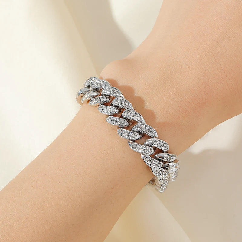 Silver Color Thick Cuban Necklace Bracelet Set For Women Punk Zircon