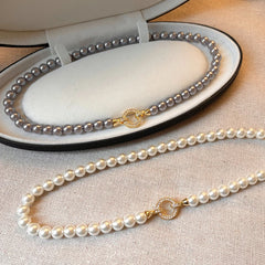 French Elegant Micro Set Zircon Round Buckle Imitation Pearl Beaded Necklace