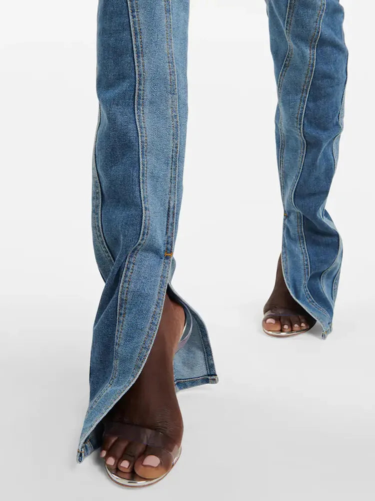 DEAT Fashion Women's Jeans Slim Deconstruct Panelled Patchwork High Waist Split Blue Long Denim Pants Autumn 2023 New 1DF2575