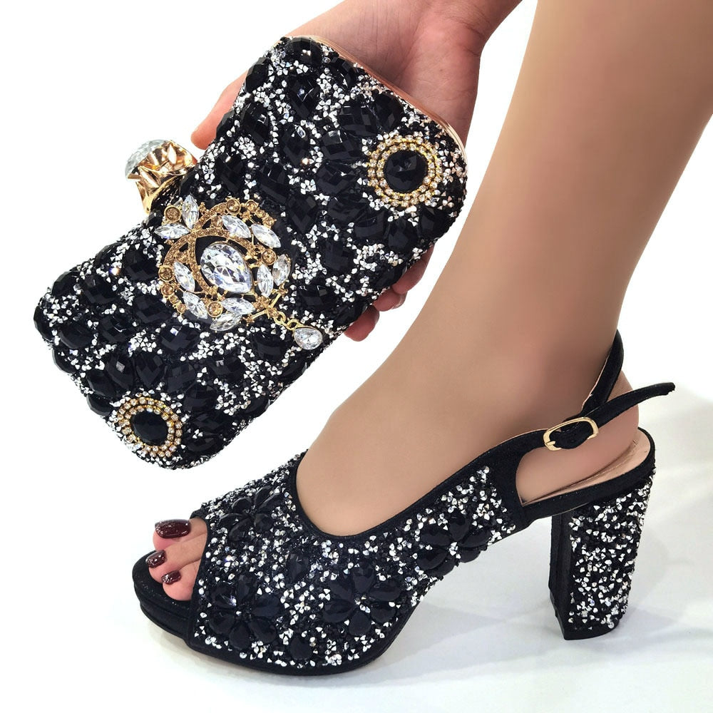 gold Women Shoes Match Purse With Big Crystal Decoration