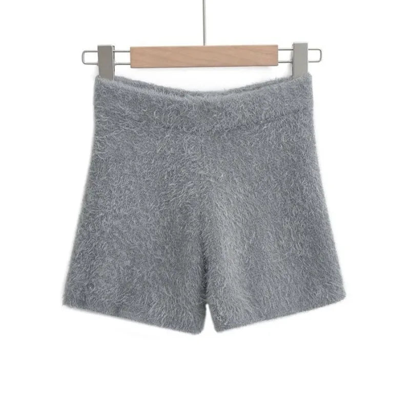 Women's Autumn Winter Faux Mink Hair Shorts Sweet Soft High Waist Slim Hairy Elasticity Shorts Fashion Knitting Homewear Shorts