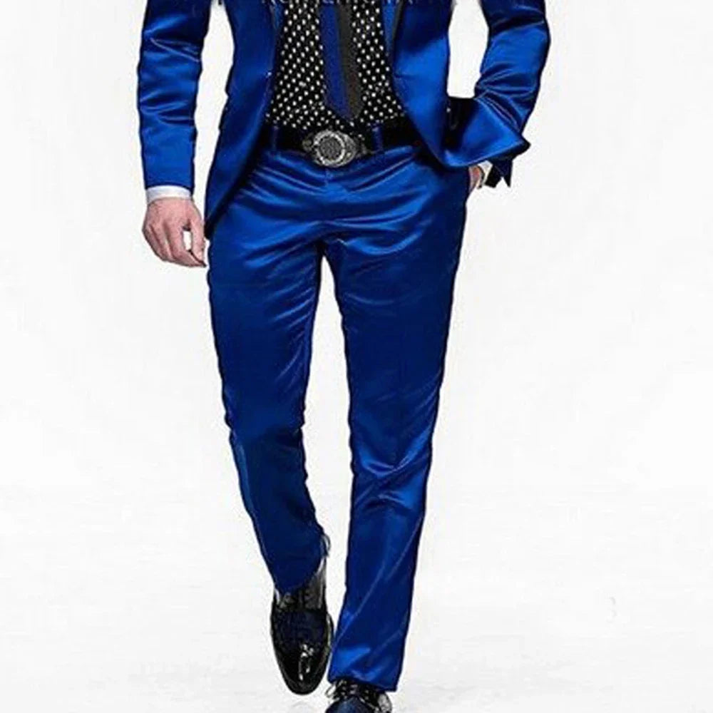 Royal Blue Satin Men Suits 2 Piece Fashion Wedding Tuxedo for Groom Party Prom Formal Causal Male Suit Slim Jacket with Pants