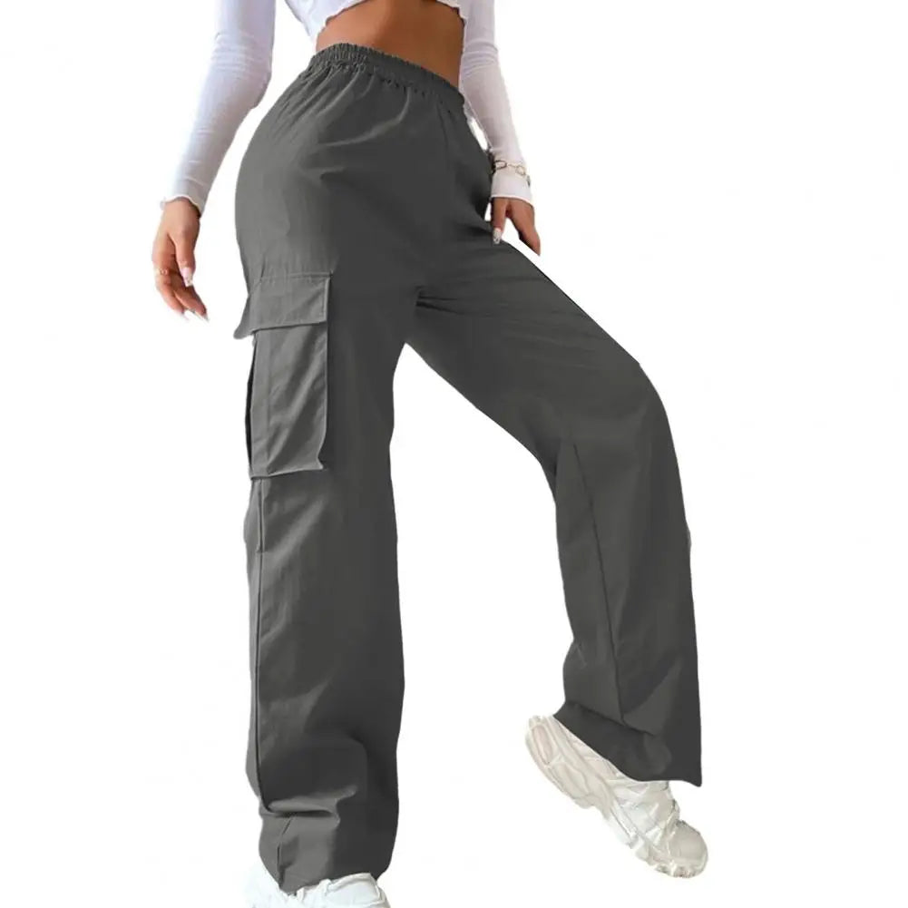 Women Cargo Pants Side Flap Pocket Trousers Solid Color Elastic Waist Wide Leg Female