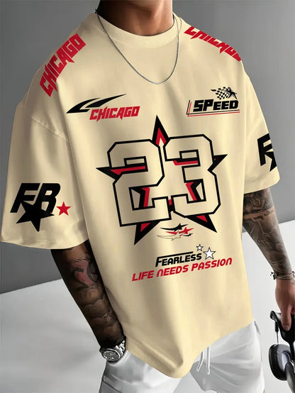 New Summer Men's Chicago Black Red and White Printed 23 Pattern Round Neck Breathable Casual T-shirt Loose Outdoor Top