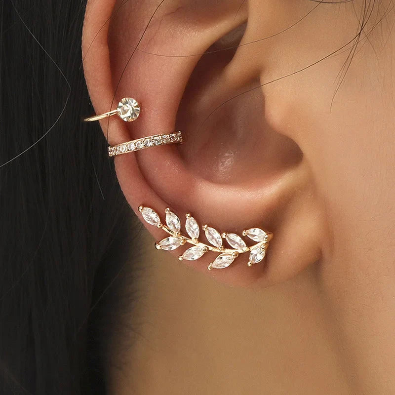 EVISPOL Fashion Exquisite Crystal Zerconia Ear Cuff Earrings for Woman Non Piercing Leaf Clip Earrings Christmas Jewelry Gift