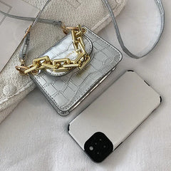 Silver PU Leather Shoulder Crossbody Small Bag Fashion Mini Chain Lipstick Bag