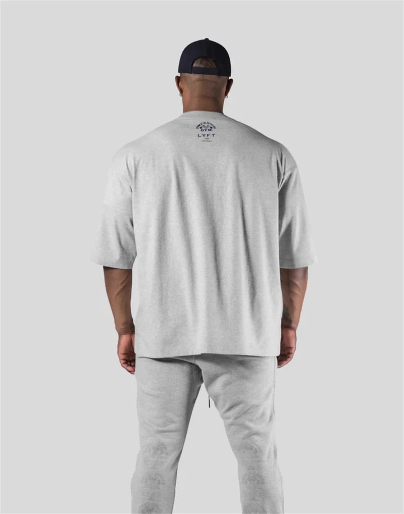 Men Running Sports Cotton T-shirt Gym Fitness Bodybuilding Loose Print Shirt Summer Male Jogging Training Tee Tops