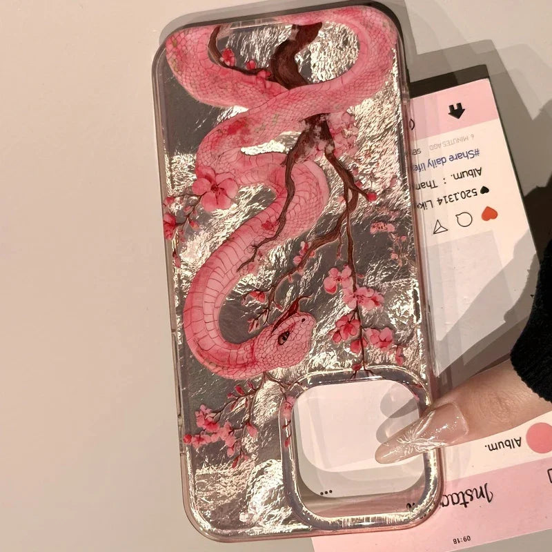 Illustration Plum Blossom Pink Snake Phone Case For iPhone 16 Pro Max 15 14 Plus 13 12 11 XS X XR 7 8 16 Plus SE 2022 16E Cover