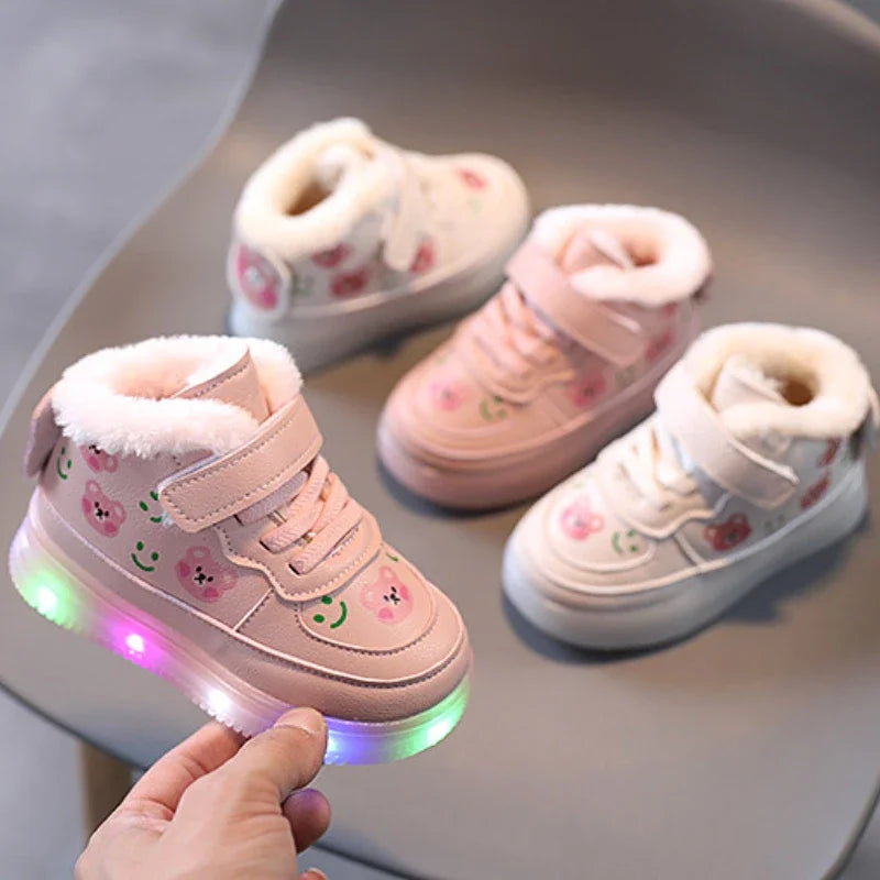 Children Cotton Shoes for Girls Led Lighted Plush Board Shoes Winter
