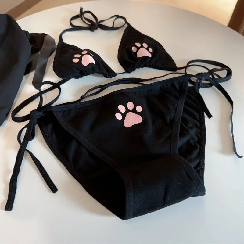 Lace Up Lolita Women's Underwear Set Cotton Breathable Kawaii Cat Claw