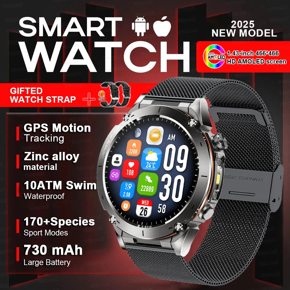 2025 Upgraded New Outdoors Sports Military GPS Smart Watch 10ATM Waterproof 730mAh High Battery Compass NFC HD BT Call Men Watch