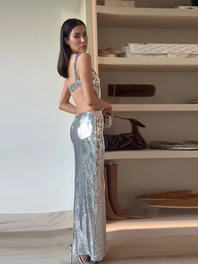 Sling Backless Silvery Maxi Dresses For Women Fashion High Waist