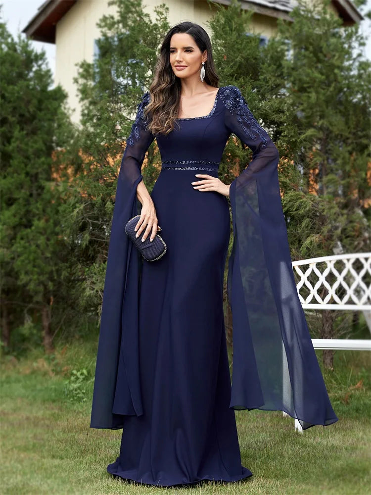 Evening wear Dresses: Long Sleeves Navy Evening Dress Long Elegant Dress