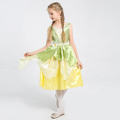 Tiana Dress Up Princess  Girl Cosplay Role Playing Party Costume Children Sleeveless Frock