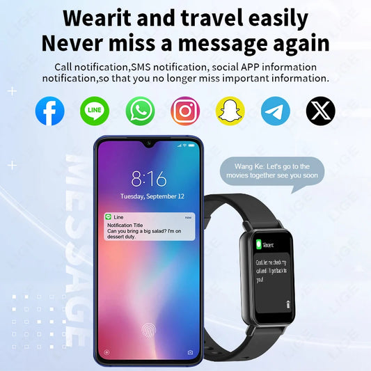 LIGE Smart Watch Men Women Smart Bracelet Wristband 1.45 Inch Heart Rate Waterproof Sports Fitness Tracker Bluetooth Call Band