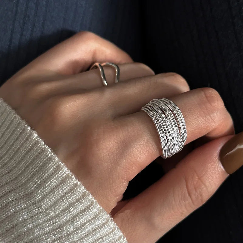 925 Sterling Silver Unique Lines Ring For Women Jewelry Finger Adjustable Open