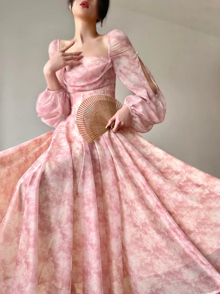 Evening Dresses: Pink Floral Dress Woman Long Sleeve Chiffon Casual Midi Dress