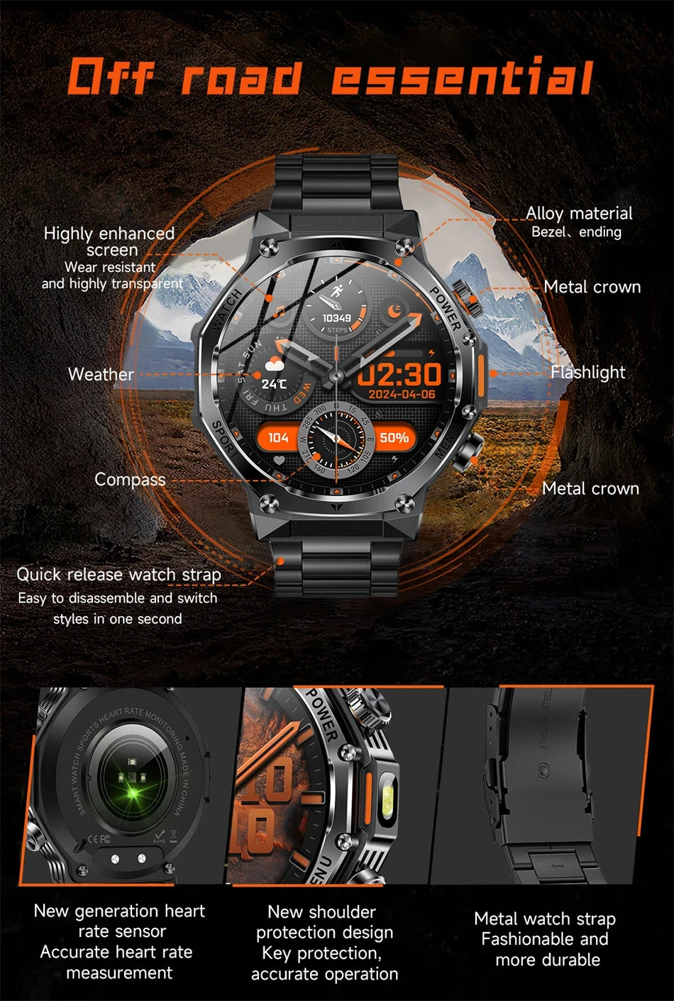 Rugged Outdoor Sports AK82 Smartwatch 1.85" HD Touchscreen 800mAh Long Battery Life Fitness Tracker Calorie Distance Smart Watch