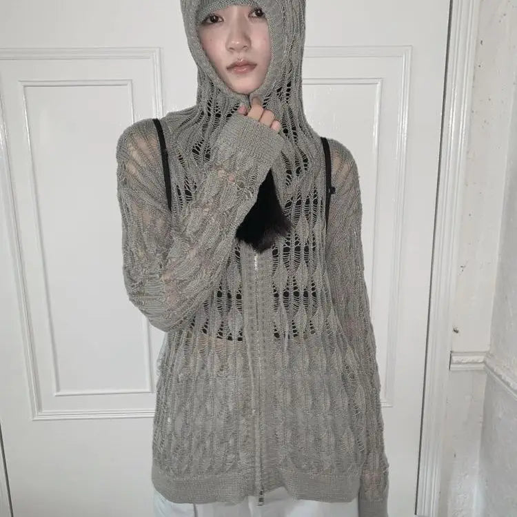 Deeptown Harajuku Zip Up Hooded Cardigan Women Japanese Y2k Style Hollow Crop