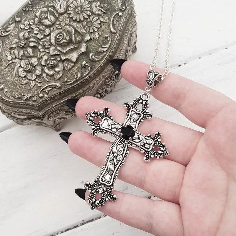 Gothic Big Zircon Cross Necklace Unisex Y2K Irregular Goth Large Cross Pendant Necklaces  for Men Women Couple Necklace Jewelry