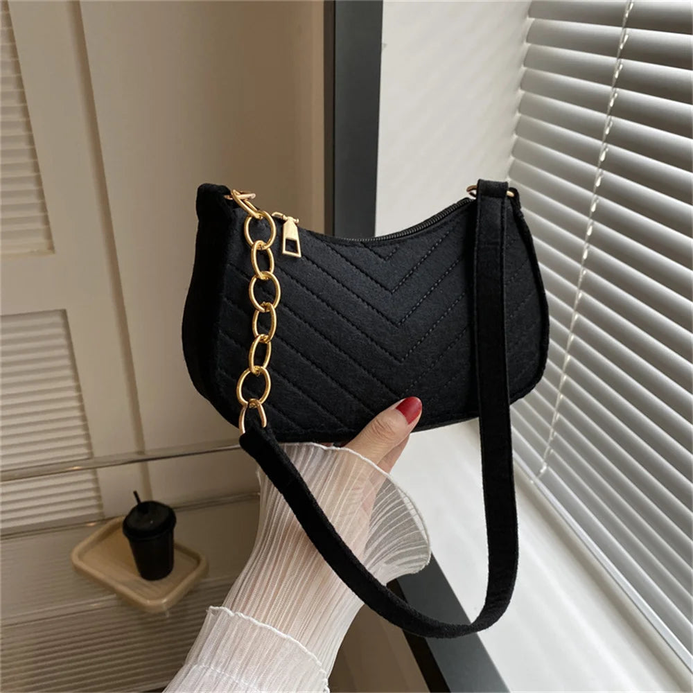 Brand Women Retro Underarm Bag Felt Solid Color Shoulder Bag Casual Purse