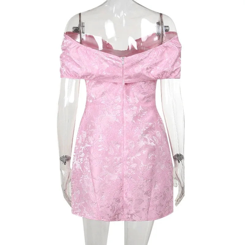 Fashionable And Sweet Slim Fit Jacquard Strapless Tie Bow One Shoulder Short Skirt American Sexy Temperament Solid Color Dresses