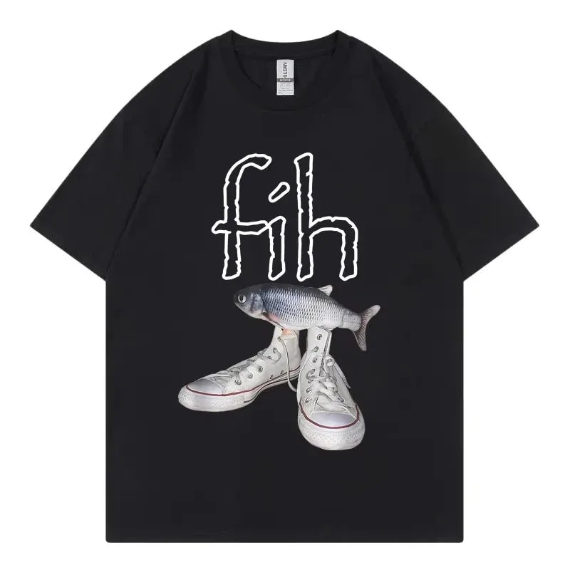Funny New Style Hot Sale Fih Shoes Graphic T Shirts Misspelled Fish Meme T-shirts Men Women Casual Fashion Short Sleeve T-shirt