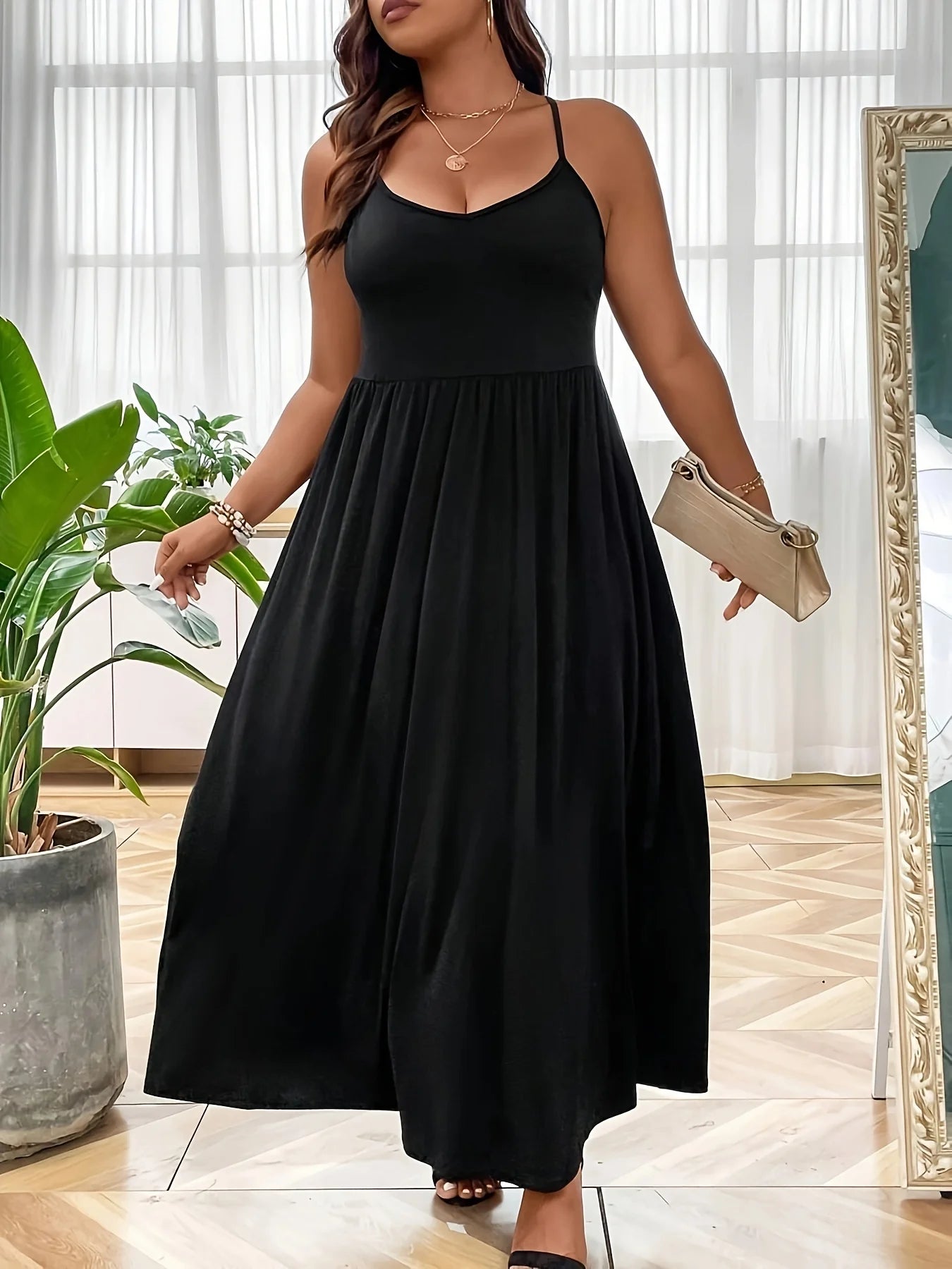 Europe and America Plus Size Women's Cross border Summer New Product V-neck Sling Solid Color Dress