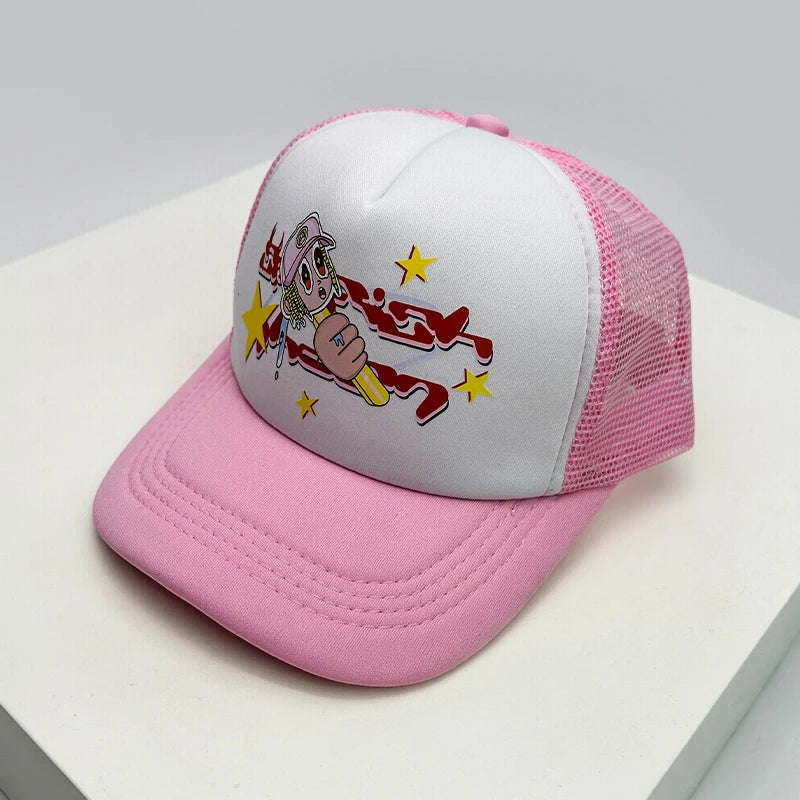 New American Style Men Women Cruise Printed Anime Letter Half Mesh Caps Sunshade Breathable Baseball Hats Versatile Fashion Cute