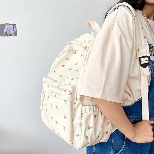 Student School Backpack Floral White School Bags For Teenage Girls Cute Women's Backpack Book Bag Nylon Rucksack