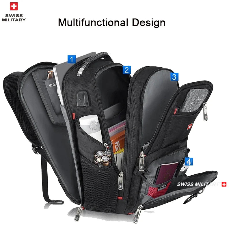 SWISS MILITARY Fashion Travel Multifunction Large Capacity Male Bag Usb Charging Waterproof 23 inch Laptop Backpack Men Mochila