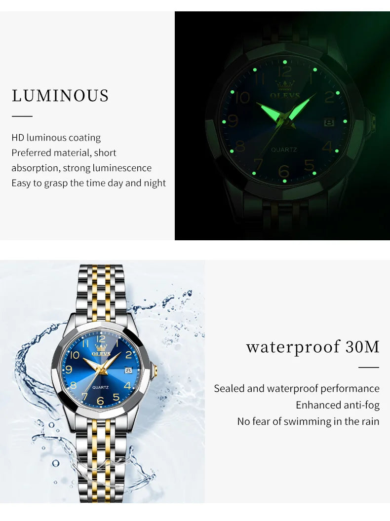 OLEVS 9970 Original Luxury Quartz Watch for Women Rhombus Mirror Digital Dial Calendar Stainless Steel Waterproof Wrist Watches