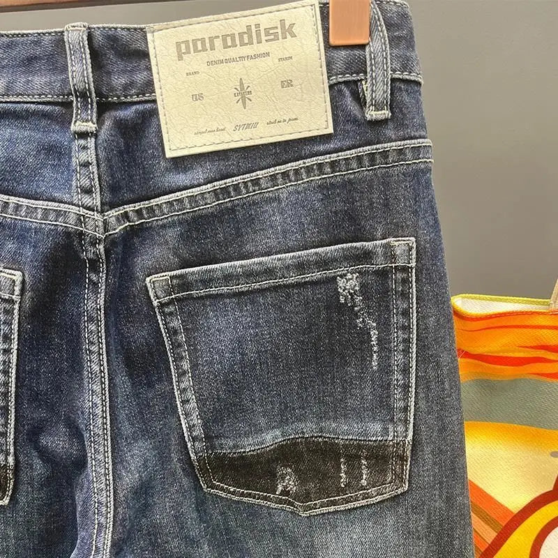 Trousers with Holes Men's Jeans Ripped Torn Man Cowboy Pants Elastic Spliced