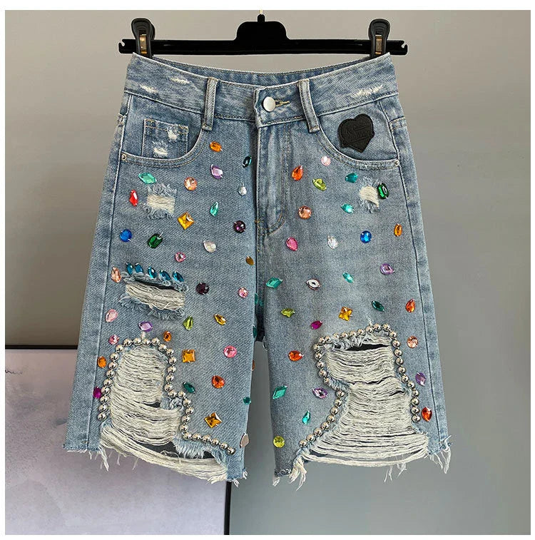 Colorful Diamond Studded Nail Bead Ripped Jeans Blue High Waisted Loose Shorts Shiny Fashionable Versatile Casual Trousers