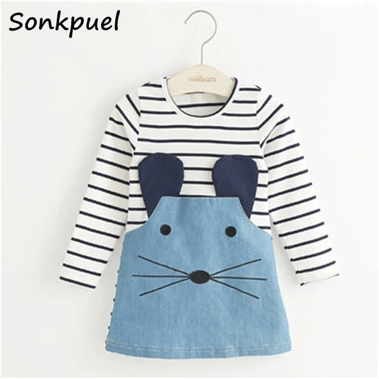 Cotton Dress for 2-8 Years Girls Long Sleeve Stripe Children