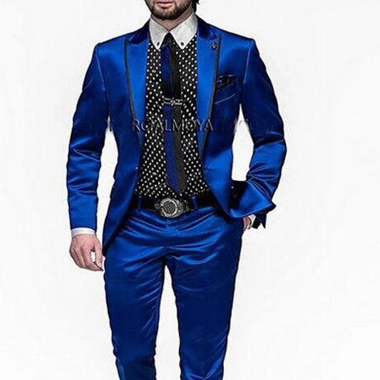 Royal Blue Satin Men Suits 2 Piece Fashion Wedding Tuxedo for Groom Party Prom Formal Causal Male Suit Slim Jacket with Pants