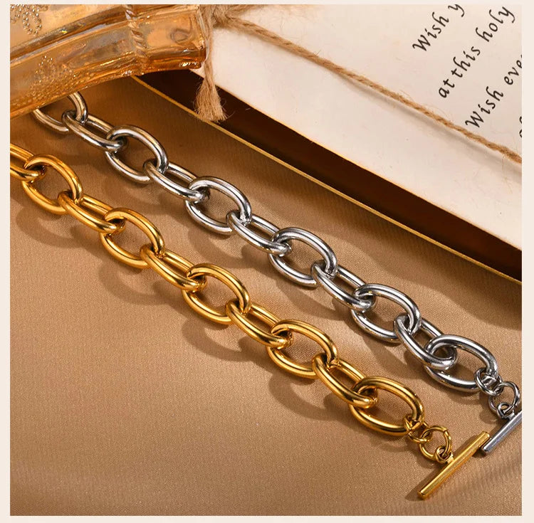 Chunky Bold Toggle Bracelets for Women, Stainless Steel OT Buckle Link Chain Bracelet Gold Plated Tarnish Free